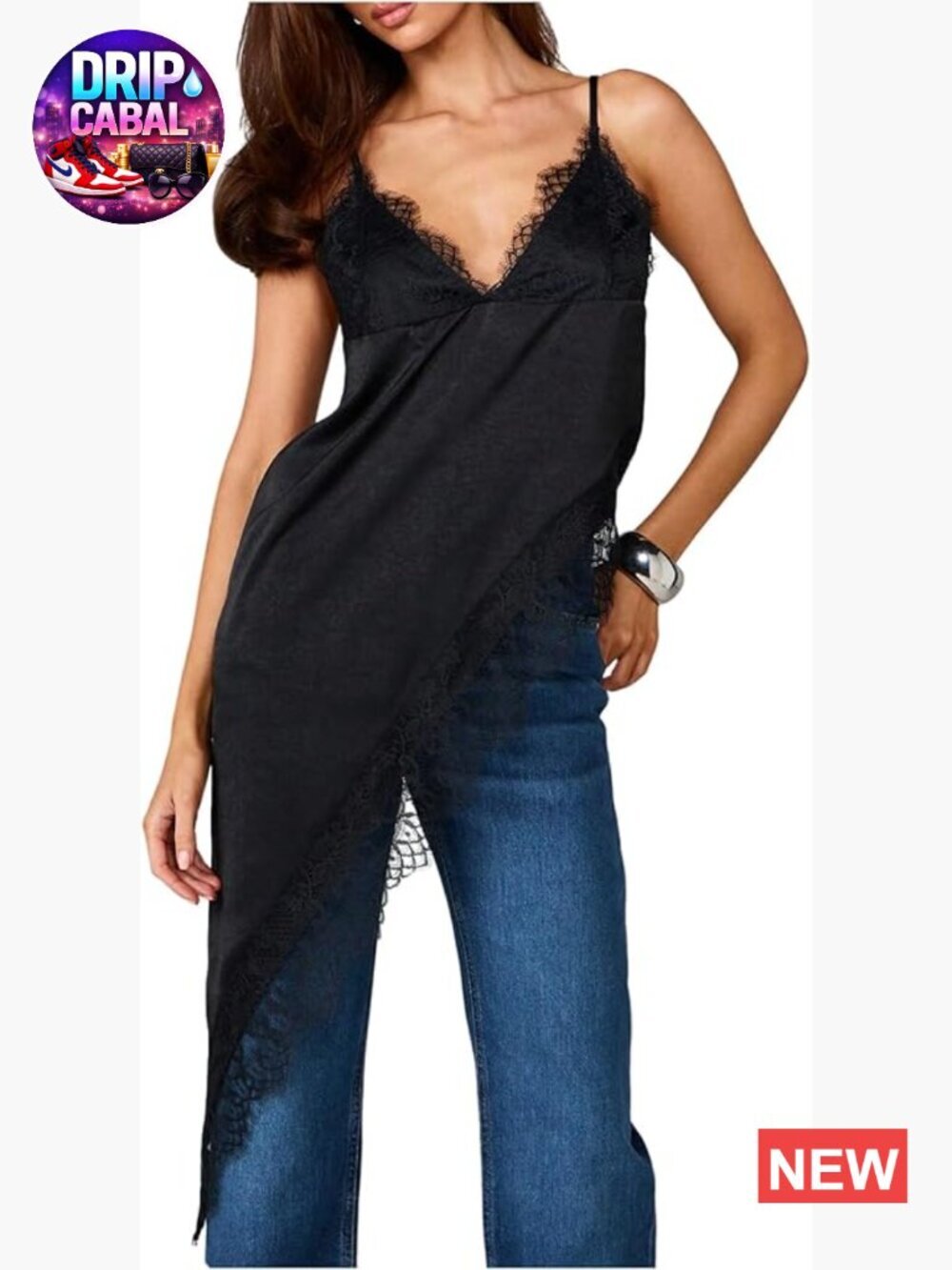 Satin Lace Trim Asymmetrical Camisole Top